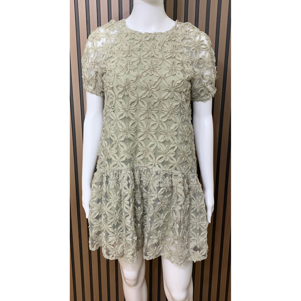 Zara Girls Sage Green Floral 3D Applique Drop Waist Dress Size 11-12 Classic